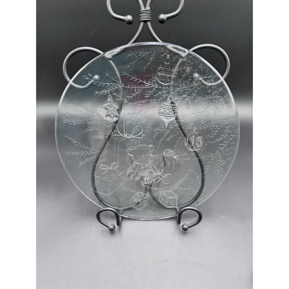 BUNDLE VTG LE SMITH GLASS CHRISTMAS TEDDYBEAR PLATE #1463 & CHERUB CANDLESTICKS